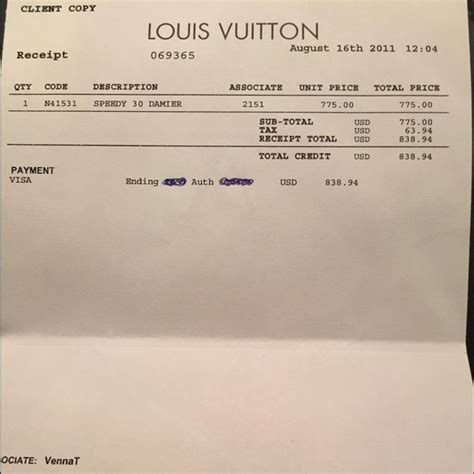 Louis Vuitton wallet receipt